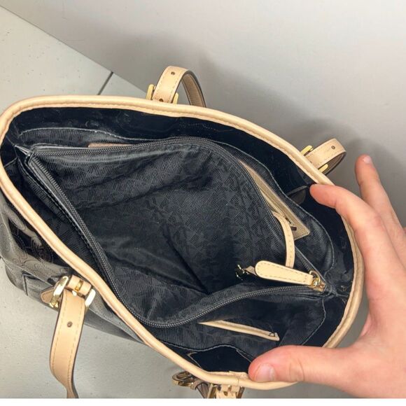 Michael Kors Black Tan Patent Leather Monogram Tote Shoulder Bag Womens Designer - Picture 10 of 11